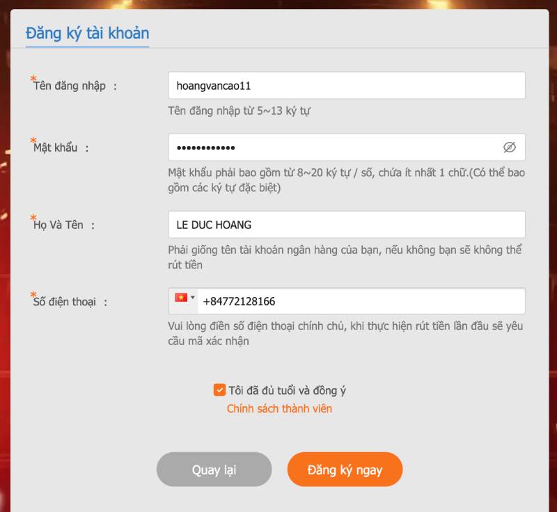 Bước 2: Điền thông tin cá nhân